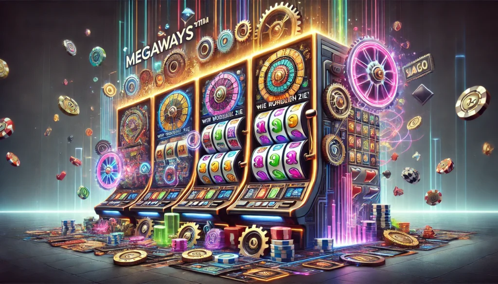 DALLE 20250327 122353 A visually engaging 169 banner image for a blog post titled Megaways™ Slots erklärt Wie funktionieren sie Megaways™ Slots explained How do they SlotsTV