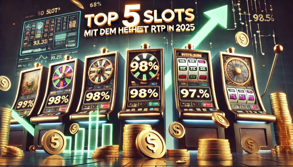 DALLE 20250327 124124 A clean and modern 169 banner image for a blog post titled Top 5 Slots mit dem höchsten RTP im Jahr 2025 Top 5 slots with the highest RTP in 2025 SlotsTV