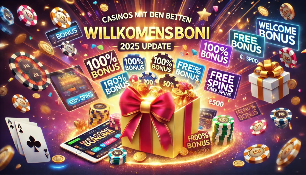 DALLE 20250327 131207 A vibrant and appealing 169 banner image for a blog post titled Casinos mit den besten Willkommensboni 2025 Update Casinos with the best welcome SlotsTV